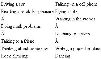 Pick two items from the following list, and decide how difficult it would be to do both at the same time. Some things are difficult to do simultaneously because of physical limitations. For example, it is extremely dangerous to type on your computer and drive at the same time. Others things are difficult to do simultaneously because of cognitive limitations. For each pair of activities that you pick, decide why it would be easy or difficult to do them simultaneously. Be sure to take the idea of cognitive load into account.