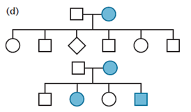 When working out genetics problems in this and succeeding chapters, always assume that members of the P 1 generation are homozygous, unless the information or data you are given require you to do otherwise. Draw all possible conclusions concerning the mode of inheritance of the trait portrayed in each of the following limited pedigrees. (Each of the four cases is based on a different trait.)