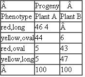 In a certain plant, fruit is either red or yellow, and fruit shape is either oval or long. Red and oval are the dominant traits. Two plants, both heterozygous for these traits, were testcrossed, with the following results.   Determine the location of the genes relative to one another and the genotypes of the two parental plants.<div style=padding-top: 35px> 