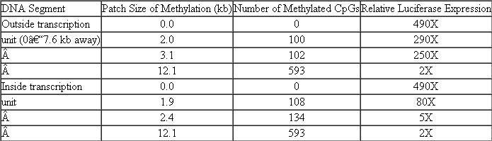 DNA methylation is commonly associated with a reduction of transcription. The following data come from a study of the impact of the location and extent of DNA methylation on gene activity in human cells. A bacterial gene, luciferase, was cloned next to eukaryotic promoter fragments that were methylated to various degrees, in vitro. The chimeric plasmids were then introduced into tissue culture cells, and the lucif-erase activity was assayed. These data compare the degree of expression of luciferase with differences in the location of DNA methylation (Irvine et al., 2002. Mol. and Cell. Biol. 22: 6689-6696). What general conclusions can be drawn from these data?   