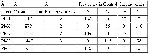 The following table shows neutral polymorphisms found in control families (those with no increased frequency of breast and ovarian cancer). Neutral Polymorphisms in BRCA 1   *The number of chromosomes with a particular base at the indicated polymorphic site (A, C, G, or T) is shown. ▪Position 1, 2, or 3 of the codon. Examine the data in the table and answer the following questions: (a) What is meant by a neutral polymorphism? (b) What is the significance of this table in the context of examining a family or population for BRCA1 mutations that predispose an individual to cancer? (c) Is the PM2 polymorphism likely to result in a neutral mis-sense mutation or a silent mutation? (d) Answer part (c) for the PM3 polymorphism.<div style=padding-top: 35px> 