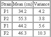 The mean and variance of plant height of two highly inbred strains (P 1 and P 2 ) and their progeny (F 1 and F 2 ) are shown here.   Calculate the broad-sense heritability (H 2 ) of plant height in this species.<div style=padding-top: 35px> 