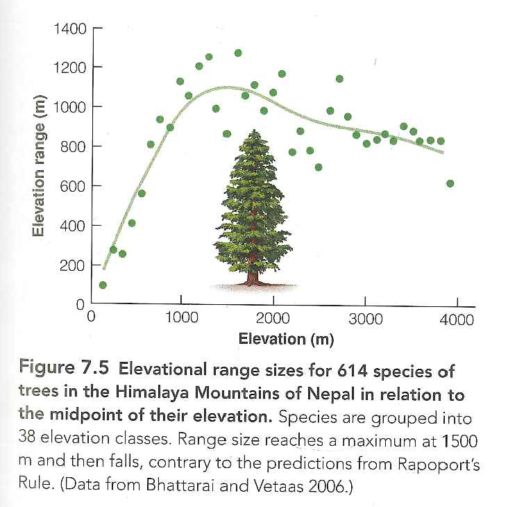 Discuss the application of Rapopon's Rule to-the altitudinal distribution of species on mountains in relation to the data given in Figure 7.5. What predictions does this hypothesis make for mountain species? Read Fleishman et al. (1998) and Bhattarai and Vetaas (2006) and compare your analysis with theirs.  Reference Figure : 7.5   