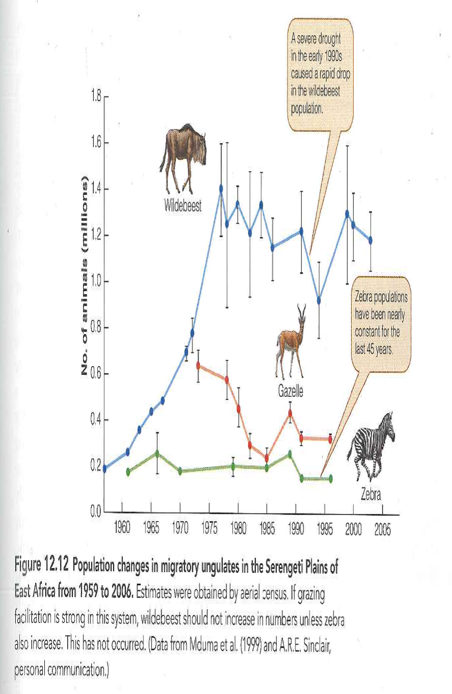 Large mammals in the Serengeti utilize grazing facilitation (Figure 12.10) but their populations change independently of one another (Figure 12.12). Suggest at least two hypotheses that might explain this discrepancy, and discuss what data would be needed to test these hypotheses. Reference Figure: 12.10 Reference Figure: 12.12