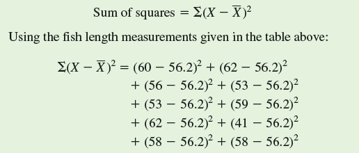 In chapter 2 we calculated the sample mean and in chapter 3 we determined the sample median. The mean and median are different ways of representing the middle, or typical, within a sample of a population. Another important question we can ask is, how much variation is there around the average This is important for several reasons. For example, two or more samples may have the same mean but have quite different amounts of variation among the observations within each sample. Knowing the variation within samples, as well as their means or medians, is critical to comparing them statistically (see Investigating the Evidence 17 and 18). Suppose you are studying a population of whitefish living in Lake Lucerne, Switzerland (see fig. 4.5 , p. 82) and, as part of the study, you need to estimate the variation in length of a small sample of young whitefish taken from the lake. Here are your measurements:         The simplest index of variation would be the range , which is the difference between the largest and the smallest observation. In this case the range would be: Range = 62 - 41 = 21 mm The range does not represent variation in samples well, since very different sets of observations can have the same range. A better representation of the variation in a sample is one that factors in all the observations relative to the sample mean. One such index that is most commonly used is called the sample variance. The variance is calculated as follows: First we calculate the sample mean as we did in chapter 2.     (For practice you could calculate this sample mean using the data given above.)  The variance is calculated by squaring the differences between the sample mean and each of the observations, adding them up to produce the sum of squares, and dividing by the sample size minus 1. Let's do this in steps. First let's calculate the sum of squares.         This, then, is the sample variance. However, notice that the units of the sample variance are square mm, not mm. Because the sample variance is expressed in squares of the original units, generally we take the square root of the variance to calculate a measure of variation called the sample standard deviation.      While it took a little effort to calculate it, the standard deviation, 6.2 mm, provides us with a standardized index of the variation in length of the fish used in your study. Fortunately, most electronic calculators make these calculations automatically, once the data are entered. The sample standard deviation along with the sample mean enable us to make statistical comparisons of samples. Why do the standard deviation and variance generally represent variation in a sample better than the range