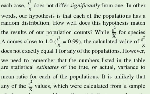 In chapter 1, we reviewed the roles of questions and hypotheses in the process of science. Briefly, we considered how scientists use information to formulate questions about the natural world and convert their questions to hypotheses. A hypothesis, we said, is a possible answer to a question. Let's use the distributions we considered in the Investigating the Evidence box in chapter 9 (p. 209) to examine the nature of scientific hypotheses in more detail. In that discussion we examined samples from three populations of plants, from which we calculated the following statistics:         Recall that in a random distribution the ratio of the variance to the mean equals one, that is,      As we have stated repeatedly, the center of scientific investigation is the hypothesis. In the case of these three populations, an appropriate hypothesis would be that in      of observations, would exactly match the true variance to mean ratio in any of the three study populations. Because of our limited sample size, we expect to see some difference between the statistical estimate and the theoretical expectation      When using a significance level of 0.05, how often will we reject hypotheses that are actually correct For instance, how often will we reject the hypothesis that the individuals in a study population are randomly distributed when, in fact, they really are randomly distributed