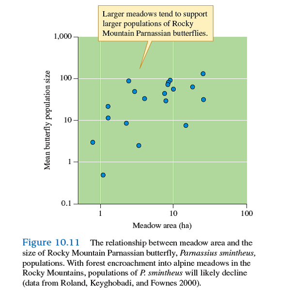 Figure 10.11 and the upper portion of figure 21.13 show the relationship between meadow size and population size in two butterfly species. How are the patterns shown by the two graphs similar How do they differ (note 1 ha = 10,000 m 2 )       