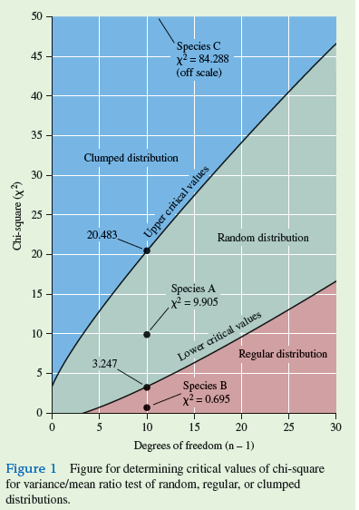 Suppose you are studying the life history of three species of herbaceous plants in a desert landscape. As part of that study, you are interested in determining the pattern of distribution of individuals in each population. Your hypothesis states that the individuals in each population are randomly distributed across the landscape. Your alternative hypotheses propose that individuals are either clumped or uniformly distributed. In chapter 9, we reviewed a study that suggested very different patterns of distribution in three plant populations (see p. 209). In that example, the sample means and sample variances of the three hypothetical populations of plant species A, B, and C were as follows:     Also in chapter 9, we reviewed how in a randomly distributed population, variance/mean = 1, while in a regularly distributed population, variance/mean 1, and in a clumped population, variance/mean 1. Given these relationships, the     ratios in the above table suggest that species A has a random distribution, species B has a regular distribution, and species C has a clumped distribution. However, since the values in the table are statistical estimates of the true variance/mean ratios in the study populations we need to do a statistical test to determine the significance of our results.  The first step in our test is to establish a hypothesis. In each case, our hypothesis states that the variance/mean ratio of the population equals 1. We next need to determine a significance level, which we have seen (p. 236) is generally P 0.05. We can use a chi-square test to determine whether a sample variance/ sample mean ratio is significantly different from 1 as follows:     Here, N₂ 1 is the degrees of freedom, which is the sample size minus 1. In the case of our plant study, the sample size, n, is the number of sample quadrats studied for each population, which was 11 (see p. 209). For our sample of the species A population, the calculation is:      How do we determine if these values of chi-square are statistically significant at P 0.05 Here, we need to consider whether the     ratios are significantly greater than 1, or significantly less than 1. So, in contrast to the situation that we analyzed in chapter 11, we will compare our chi-square values to two critical values, one small and one large. The situation we are considering is pictured in figure 1. With degrees of freedom of 10 (11 - 1 = 10), the critical values of chi-square are x 2 = 3.247 and x 2 = 20.483. As shown in figure 1 , these values of chi-square fall on the lines that form the boundaries of the area shaded green. For values of chi-square within the green area, we accept the hypothesis that the variance/mean ratio in the population equals 1, and that the population has a random distribution. Values of chi-square in the blue zone indicate a clumped distribution, while values in the red zone indicate a regular distribution. Returning to the populations of species A, B, and C, we accept the hypothesis that the variance/mean ratio of species A (X 2 = 9.905) does not differ significantly from 1, and therefore, we conclude that it has a random distribution. Meanwhile, because the value of chi-square for species B (X 2 =0695) is less than the critical value of 3.247, we reject the hypothesis that the variance/ mean ratio for species B equals 1, and conclude that it has a regular distribution. Using similar logic, we conclude that species C (X 2 = 84.288) has a cluped distribution.      Do the results of the chi-square test for species B show beyond a doubt that its population has a regular distribution