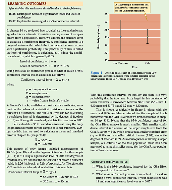 When we introduced the sample mean, we pointed out how it is an estimate of the actual, or true, population mean. A second sample from a population would probably have a different sample mean and a third sample would have yet another. How close is a given sample mean to the true population mean The answer to this question will depend on two factors: the variation within the population and the number of observations or measurements in our sample from the population. Here, we will begin to build a way of representing the precision of a given estimate of a population mean. Our first step will be to calculate a statistic called the standard error of the mean, usually called the standard error,     . The standard error is calculated from the sample variance (see chapter 4, p. 88) and the sample size as follows:          For a concrete example, let's use the body length measurements for a sample of loach minnows, Tiaroga cobitis, from a tributary of the San Francisco River in southwestern New Mexico. Suppose you are comparing the body sizes of loach minnows in populations exposed to predation by flathead catfish, an introduced species, to populations not exposed to predation by this introduced fish. To do so you need to estimate body sizes in several populations. Your sample from the San Francisco River was:     Now, let's consider the hypothetical situation in which we obtained a sample of loach minnows from another study site on the Gila River. This second sample happened to yield the same sample mean and the same standard deviation. However, instead of 10 loach minnows, this second sample included 50 loach minnows. The standard error calculated from this sample is:             Notice that because there were more minnows in this second sample, the size of the standard error is considerably smaller. In other words, our second sample mean is a more precise estimate of the true population mean. This is shown in the form of a graph in figure 1. In figure 1 a the points indicate the sample means for our two samples and the vertical bars, above and below the points, are plus and minus one standard error. The same statistics are plotted in figure 1 b as a bar graph and only the upper standard error bar is shown, which is a common way to plot such data. In either case, the smaller standard error around the sample mean for the Gila River indicates that our estimate of the mean length of loach minnows in the population is more precise there than for the population in the San Francisco River. In Investigating the Evidence 15 (see p. 345) we will use the standard error to derive a more quantitative expression of precision called the confidence interval.      When sampling a population to estimate a population mean, why, from a statistical perspective, is it always better to have a larger sample size