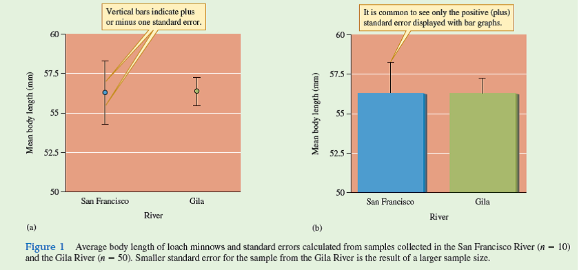When we introduced the sample mean, we pointed out how it is an estimate of the actual, or true, population mean. A second sample from a population would probably have a different sample mean and a third sample would have yet another. How close is a given sample mean to the true population mean The answer to this question will depend on two factors: the variation within the population and the number of observations or measurements in our sample from the population. Here, we will begin to build a way of representing the precision of a given estimate of a population mean. Our first step will be to calculate a statistic called the standard error of the mean, usually called the standard error,     . The standard error is calculated from the sample variance (see chapter 4, p. 88) and the sample size as follows:          For a concrete example, let's use the body length measurements for a sample of loach minnows, Tiaroga cobitis, from a tributary of the San Francisco River in southwestern New Mexico. Suppose you are comparing the body sizes of loach minnows in populations exposed to predation by flathead catfish, an introduced species, to populations not exposed to predation by this introduced fish. To do so you need to estimate body sizes in several populations. Your sample from the San Francisco River was:     Now, let's consider the hypothetical situation in which we obtained a sample of loach minnows from another study site on the Gila River. This second sample happened to yield the same sample mean and the same standard deviation. However, instead of 10 loach minnows, this second sample included 50 loach minnows. The standard error calculated from this sample is:             Notice that because there were more minnows in this second sample, the size of the standard error is considerably smaller. In other words, our second sample mean is a more precise estimate of the true population mean. This is shown in the form of a graph in figure 1. In figure 1 a the points indicate the sample means for our two samples and the vertical bars, above and below the points, are plus and minus one standard error. The same statistics are plotted in figure 1 b as a bar graph and only the upper standard error bar is shown, which is a common way to plot such data. In either case, the smaller standard error around the sample mean for the Gila River indicates that our estimate of the mean length of loach minnows in the population is more precise there than for the population in the San Francisco River. In Investigating the Evidence 15 (see p. 345) we will use the standard error to derive a more quantitative expression of precision called the confidence interval.      When might it be preferable to take smaller, rather than larger, samples of a population