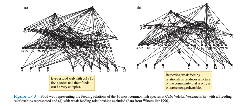Winemiller (1990) deleted weak trophic links from one set of food webs that he described for fish communities in Venezuela (see fig. 17.3 ). What was his criterion for designating weak interactions Earlier, Paine (1980) suggested that ecologists could learn something by focusing on strong links in communities. How did Paine's criterion for determining a strong link differ from Winemiller's    