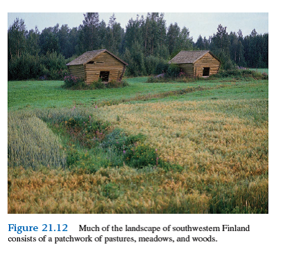 In chapter 21 we discussed the influences of habitat fragmentation from the perspective of populations (see figs. 21.11 and 21.12). Drawing from the information in this section, how do you think fragmentation will affect species richness-for instance, the number of bird species living in forest fragments        