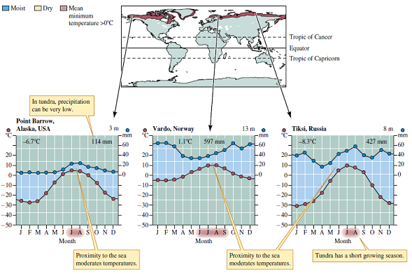 Biologists have observed much more similarity in species composition among boreal forests and among areas of tundra in Eurasia and North America than among tropical rain forests or among Mediterranean woodlands around the globe. Can you offer an explanation of this contrast based on the global distributions of these biomes shown in figures 2.10, 2.22, 2.31, and 2.34      Figure 2.10 Tropical rain forest geography and climate.     Figure 2.22 Mediterranean woodland and shrubland geography and climate.     Figure 2.31 Boreal forest geography and climate.     Figure 2.34 Tundra geography and climate.