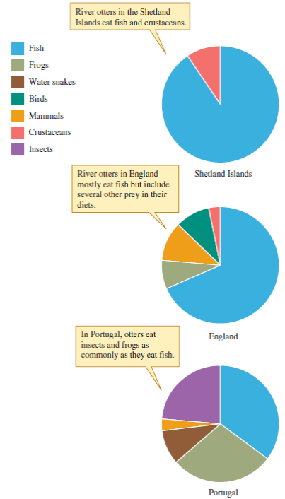 The rivers of central Portugal have been invaded, and densely populated, by the Louisiana crayfish, Procambarus clarki, which looks like a freshwater lobster about 12 to 14 cm long. The otters of these rivers, which were studied by Graga and Ferrand de Almeida (1983), can easily catch and subdue these crayfish. Using the model for prey choice: explain why the diets of the otters of central Portugal would shift from the highly diverse menu shown in figure 7.17, which included fish, frogs, water snakes, birds, and insects, to a diet dominated by crayfish. For the crayfish, assume low handling time, very high encounter rates, and high energy content.         Figure 7.17 Like many other widespread carnivores, the diets of river otters show great geographic variation (data from Graça and Ferrand de Almeida 1983).