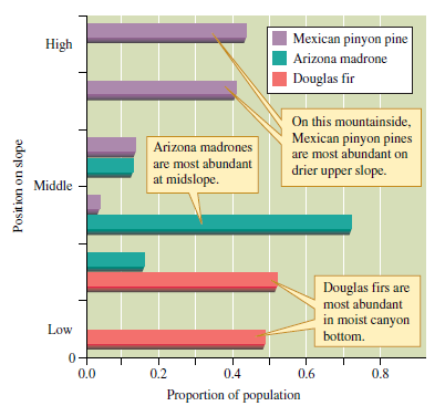 What does the position of pines along moisture gradients in both the Santa Catalina Mountains of Arizona (see fig. 9.17) and the Great Smoky Mountains of Tennessee (see fig. 9.18) suggest about pine water relations   Figure 9.17 Abundances of three tree species on a moisture gradient in the Santa Catalina Mountains, Arizona (data from Whittaker and Niering 1965).   Figure 9.18 Abundance of three tree species on a moisture gradient in the Great Smoky Mountains, Tennessee (data from Whittaker 1956).<div style=padding-top: 35px> 