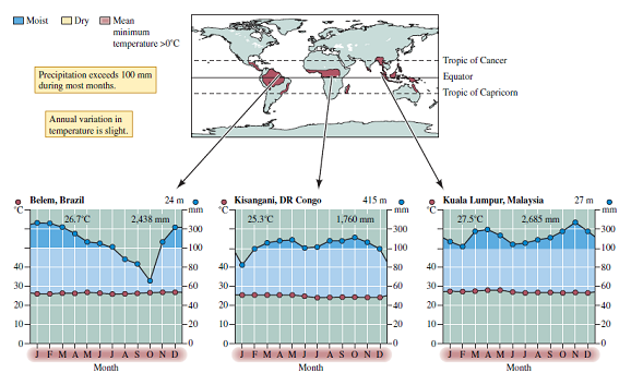Biologists have observed much more similarity in species composition among boreal forests and among areas of tundra in Eurasia and North America than among tropical rain forests or among Mediterranean woodlands around the globe. Can you offer an explanation of this contrast based on the global distributions of these biomes shown in figures 2.10, 2.22, 2.31, and 2.34?    Figure 2.10 Tropical rain forest geography and climate.    Figure 2.22 Mediterranean woodland and shrubland geography and climate.    Figure 2.31 Boreal forest geography and climate.    Figure 2.34 Tundra geography and climate.
