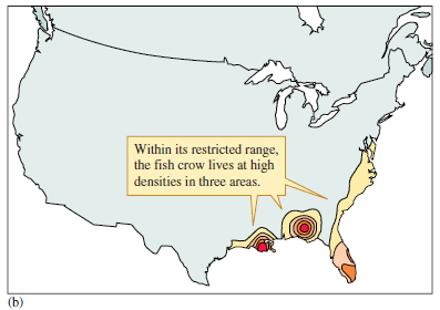 Suppose that in the near future, the fish crow population in North America declines because of habitat destruction. Now that you have reviewed the large-scale distribution and abundance of the fish crow (see fig. 9.15 b ), devise a conservation plan for the species that includes establishing protected refuges for the species. Where would you locate the refuges? How many refuges would you recommend?    Figure 9.15 ( a ) Winter distribution of the American crow, Corvus brachyrynchos. ( b ) Winter distribution of the fish crow, C. ossifragus (data from Root 1988).
