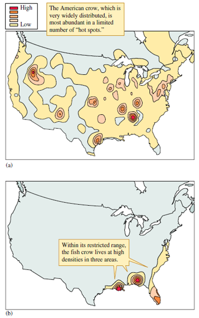 What factors might be responsible for the aggregation of American crows in winter (see fig. 9.15)?    Figure 9.15 ( a ) Winter distribution of the American crow, Corvus brachyrynchos. ( b ) Winter distribution of the fish crow, C. ossifragus (data from Root 1988).