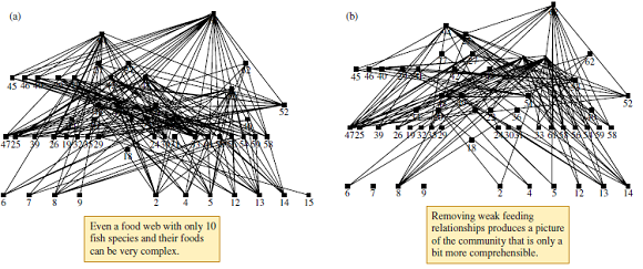 Winemiller (1990) deleted weak trophic links from one set of food webs that he described for fish communities in Venezuela (see fig. 17.3). What was his criterion for designating weak interactions? Earlier, Paine (1980) suggested that ecologists could learn something by focusing on strong links in communities. How did Paine's criterion for determining a strong link differ from Winemiller's?    Figure 17.3 Food web representing the feeding relations of the 10 most common fish species at Caño Volcán, Venezuela, ( a ) with all feeding relationships represented and ( b ) with weak feeding relationships excluded (data from Winemiller 1990).