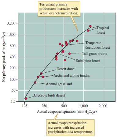 How are the desert dune ecosystem and the arctic and alpine tundra ecosystems indicated in figure 18.2 the same?    Figure 18.2 Relationship between actual evapotranspiration and net aboveground primary production in a series of terrestrial ecosystems (data from Rosenzweig 1968, Kaspari, O'Donnell, and Kercher 2000).
