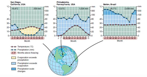 As you've learned in this chapter, temperature and moisture are critical factors in determining the distribution and health of ecosystems. But how do you read the climate and precipitation graphs that accompany the description of each biome To begin, examine the three climate graphs in this box. These graphs show annual trends in temperature and precipitation (rainfall and snow). They also indicate the relationship between potential evaporation, which depends on temperature and precipitation. When evaporation exceeds precipitation, dry conditions result (yellow areas). Extremely wet months are shaded dark blue on the graphs. Moist climates may vary in precipitation rates, but evaporation rarely exceeds precipitation. Months above freezing temperature (shaded brown on the X-axis) have most evaporation. Comparing these climate graphs helps us understand the different seasonal conditions that control plant and animal lives in different biomes.      Moisture availability depends on temperature as well as precipitation. The horizontal axis on these climate diagrams shows months of the year; vertical axes show temperature ( left side ) and precipitation ( right ). The number of dry months ( shaded yellow ) and wetter months ( blue ) varies with geographic location. Mean annual temperature (°C) and precipitation (mm) are shown at the top of each graph. What kinds of biomes would you expect to find in these areas