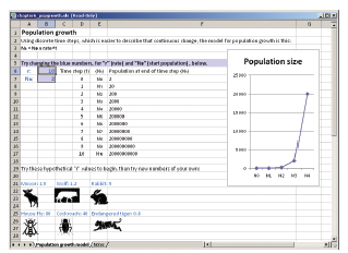 Exponential growth occurs in a series of time steps-days, months, years, or generations. Imagine cockroaches in a room multiplying (or some other species, if you must). Picture a population of ten cockroaches that together produce enough young to increase at a rate of 150 percent per month. What is r for this population  To find out how this population grows, fill out the table shown. ( Hint: r remains constant.) Remember, for time step 0 (the first month), you begin with ten roaches, and end ( Ne ) with a larger number that depends on r , the intrinsic rate of growth. The beginning of the second time step (1) starts with the number at the end of step 0. Round N to the nearest whole number. When you are done, graph the results. At the end of 7 months, how large did this population become What is the shape of the growth curve      The previous data analysis lets you work through an example of population growth by hand, which is an important strategy for understanding the equations you've seen in this chapter. Now try experimenting with more growth rates in an Excel model. What value of r makes the graph extremely steep What value makes it flat Can you model a declining population  Go to www.mhhe.com/cunningham11e, and find the Data Analysis option for this chapter. There you can download an Excel workbook and experiment with different growth rates.   