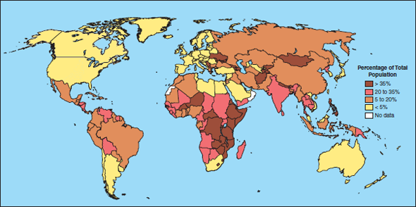 Which regions of the world face the highest rates of chronic hunger List at least five African countries with high rates of hunger (fig.). Use a world map if necessary. FIGURE  Hunger around the world. In 2005, the United Nations reported that 852 million people-815 million of them in developing countries-suffered from chronic hunger and malnutrition. Africa has the largest number of countries with food shortages.   