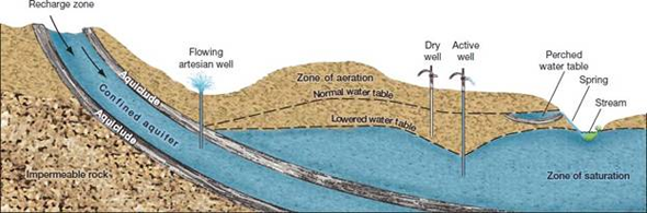 Explain how water can enter and leave an aquifer (see fig.).     FIGURE  An aquifer is a porous or cracked layer of rock. Impervious rock layers (aquicludes) keep water within a confined aquifer. Pressure from uphill makes an artesian well flow freely. Pumping can create a cone of depression, which leaves shallower wells dry.