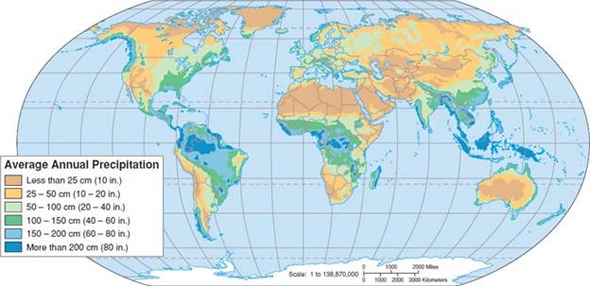 Describe the changes in water withdrawal and consumption by sector shown in figure     FIGURE Average annual precipitation. Note wet areas that support tropical rainforests occur along the equator, while the major world deserts occur in zones of dry, descending air between 20° and 40° north and south.