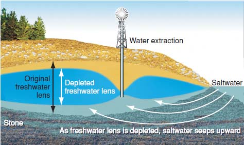 Explain how saltwater intrusion happens (fig.).     FIGURE Saltwater intrusion into a coastal aquifer as the result of groundwater depletion. Many coastal regions of the United States are losing freshwater sources due to saltwater intrusion.