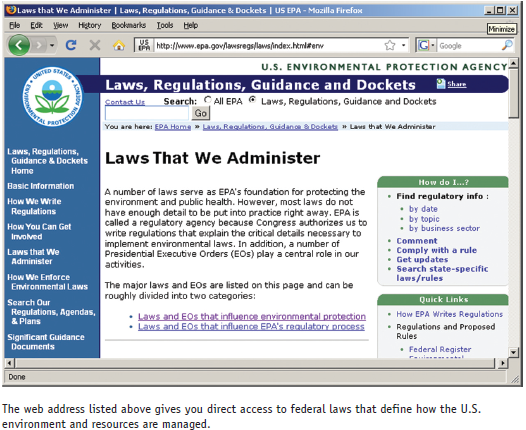 The federal government publicizes the text of laws in multiple locations on the Internet. Reading about these laws is a good way to get a sense of the structures of environmental regulation, and to understand some of the compromises and the complexity of making rules that apply to thousands of different cases across the country. The primary way to access government rules and laws is through http://thomas.gov. A more direct source for environmental legislation is to go to the EPA website: http://www.epa.gov/lawsregs/laws/index.html#env. Go to this website, and select one bill that bears on an issue you find interesting. Links are provided to the text of the law, usually in PDF format. Open the text of the law you have chosen, and look through the table of contents to see what sections (titles) are covered in the bill.     Choose a short section, perhaps 1-3 pages long. Read it carefully. Explain the content of those pages to your class. Also try to explain what the context of the bill might be: Why were those words written By whom As a result of what kind of problem