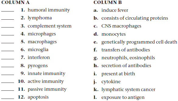 Match each item in column A with the most closely related item in column B. Place letters for answers in the spaces provided.