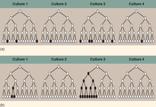 Are Mutations Random or Directed by the Environment?  Once biologists appreciated that Mendelian traits were in fact alternative versions of DNA sequences, which resulted from mutations, a very important question arose and needed to be answered: Are mutations random events that might happen anywhere on a DNA chromosome, or are they directed to some degree by the environment? Do the mutagens in cigarettes, for example, damage DNA at random locations, or do they preferentially seek out and alter specific sites such as those regulating the cell cycle? This key question was addressed and answered in an elegant and deceptively simple experiment carried out in 1943 by two of the pioneers of molecular genetics, Salvadore Luria and Max Delbruck. They chose to examine a particular mutation that occurs in laboratory strains of the bacterium Escherichia coli. These bacterial cells are susceptible to T1 viruses, tiny chemical parasites that infect, multiply within, and kill the bacteria. If 10 5 bacterial cells are exposed to 10 10 T1 viruses, and the mixture spread on a culture dish, not one cell grows-every single E. coli cell is infected and killed. However, if you repeat the experiment using 109 bacterial cells, lots of cells survive! When tested, these surviving cells prove to be mutants, resistant to T1 infection. The question is, did the T1 virus cause the mutations, or were the mutations present all along, too rare to be present in a sample of only 10 5 cells but common enough to be present in 10 9 cells? To answer this question, Luria and Delbruck devised a simple experiment they called a fluctuation test, illustrated here. Five cell generations are shown for each of four independent bacterial cultures, all tested for resistance in the fifth generation. If the T1 virus causes the mutations (top row), then each culture will have more or less the same number of resistant cells, with only a little fluctuation (that is, variation among the four). If, on the other hand, mutations are spontaneous and so equally likely to occur in any generation, then bacterial cultures in which the T1 resistance mutation occurs in earlier generations will possess far more resistant cells by the fifth generation than cultures in which the mutation occurs in later generations, resulting in wide fluctuation among the four cultures. The table presents the data they obtained for 20 individual cultures.      Interpreting Data What is the mean number of T1-resistant bacteria found in the 20 individual cultures?