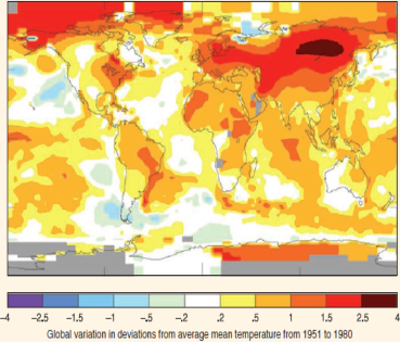 How Real Is Global Warming?  The controversy over global warming has two aspects. The first contentious issue is the claim that global temperatures are rising significantly, a profound change in the earth's atmosphere and oceans referred to as global warming. The second contentious issue is the assertion that global warming is the consequence of elevated concentrations of carbon dioxide in the atmosphere as a consequence of the widespread burning of fossil fuels. Resolution of the second issue requires detailed science and is only now reaching consensus acceptance. Resolution of the first issue is a simpler proposition, because it is, in essence, a data statement. The graph to the right displays the data in question, global air temperatures for the last century and a half. Temperature data is collected from measuring stations across the globe, as shown in the image below, and averaged. The bars of the histogram represent mean yearly global air temperatures for each year since 1850. To dampen the effects of random year-to-year variations and so better reveal accumulating influences, the data are presented as an anomaly histogram (in an anomaly histogram, each bar presents the deviation of the value during that period from the average value determined for some standard period). In this instance, the anomaly histogram shows the deviation of each year's global mean air temperature from the mean of these values observed over a standard 30-year period between 1961 and 1990.      Interpreting Data  a. Of the years that deviate more than +0.2°C, how many are before 1940? Between 1940 and 1980? After 1980? What fraction occurs after 1980? b. Of the years that deviate more than +0.4°C, how many are before 1980? After 2000? What fraction occurs after 2000? c. Of the years that deviate more than ?0.2°C, how many are before 1940? Between 1940 and 1980? After 1980? What fraction occurs before 1940? d. Of the years that deviate more than ?0.4°C, how many are before 1940? What fraction occurs before 1900?