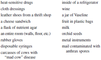Critical thinking is the ability to reason and solve problems using facts and concepts. These questions can be approached from a number of angles, and in most cases, they do not have a single correct answer. For each item on the following list, give a reasonable method of sterilization. You cannot use the same method more than three times for the whole list. The method must sterilize, not just disinfect; and the method must not destroy the item or render it useless unless there is no other choice. After considering a workable method, think of a method that would not work. Note: Where an object containing something is given, you must sterilize everything (for example, both the jar and the petroleum jelly [Vaseline] in it). Some examples of methods are autoclave, ethylene oxide gas, dry oven, and ionizing radiation.    <div style=padding-top: 35px> 