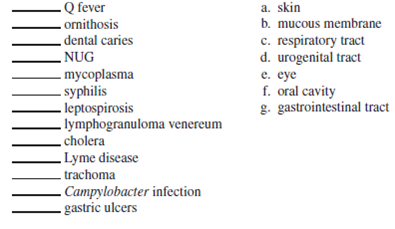 Select the correct answer from the answers provided. For questions with blanks, choose the combination of answers that most accurately completes the statement. Single Matching. Match each disease in the left column with its portal of entry in the right column.  