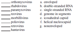 Select the correct answer from the answers provided. For questions with blanks, choose the combination of answers that most accurately completes the statement. Multiple Matching. Select all descriptions that fit each type of virus.  