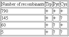 The Problem require you to diagram recombination events that can replace specific genes on the chromosome of a recipient cell with copies of those genes introduced from a donor cell. As seen in the solution to Solved Problem I, only an even number of crossovers can produce viable recombinant chromosomes. Gene mapping is simplified if you remember that progeny classes that result from four crossovers are found much less frequently than progeny classes that require two crossovers. Starting with an F strain that was prototrophic (that is, had no auxotrophic mutations) and Str S , several independent Hfr strains were isolated. These Hfr strains were mated to an F + strain that was Str r Arg Cys His Ilv Lys Met Nic Pab Pyr Trp . Interrupted-mating experiments showed that the Hfr strains transferred the wild-type alleles in the order listed in the following table as a function of time. The time of entry for the markers within parentheses could not be distinguished from one another.   a. From these data, derive a map of the relative position of these markers on the bacterial chromosome. Indicate with labeled arrows the position and orientation of the integrated F plasmid for each Hfr strain. b. To determine the relative order of the trp , pyr , and cys markers and the distances between them, HfrB was mated with the F strain long enough to allow transfer of the nic marker, after which Trp + recombinants were selected. The unselected markers pyr and cys were then scored in the Trp + recombinants, yielding the following results:   Draw a map of the trp, pyr, and cys markers relative to each other. (Note that you cannot determine the order relative to the nic or his genes using these data.) Express map distances between adjacent genes as the frequency of crossing-over between them. Solved Problem I  <div style=padding-top: 35px> 