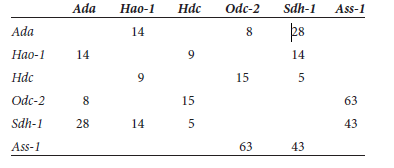 Though we often think of genes in terms of the phenotypes they produce (e.g., curly leaves, flaky tail, brown eyes), the molecular function of most genes is to encode proteins. Many cellular proteins function as enzymes. The following table describes the map distances between six different genes that encode six different enzymes: Ada , adenosine deaminase; Hao - 1 , hydroxyacid oxidase-1; Hdc ,histidine decarboxylase; Odc - 2 , ornithine decarboxylase-2; Sdh - 1 , sorbitol dehydrogenase-1; and Ass - 1, arginosuccinate synthetase-1. Map distances between two genes: Construct a genetic map that describes the locations of all six genes.