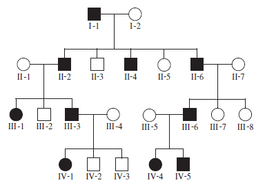 Ehler-Danlos syndrome is a relatively rare disorder caused by a mutation in a gene that encodes a protein called collagen (type 3 A1). Collagen is a protein found in the extracellular matrix that plays an important role in the formation of skin, joints, and other connective tissues. People with this syndrome have extraordinarily flexible skin and very loose joints. The pedigree shown here contains several members affected with Ehler-Danlos syndrome, shown with black symbols. Based on this pedigree, does this syndrome appear to be an autosomal recessive, autosomal dominant, X-linked recessive, or X-linked dominant trait Explain your reasoning.