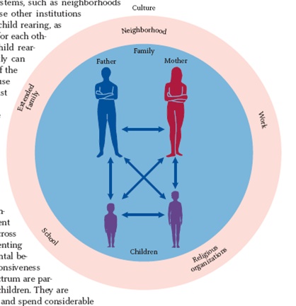 Imagine a family in which Mom and Dad both work full-time outside the home. Mom's employer wants her to take a new position in a distant small town. Mom is tempted because the position represents a promotion with much more responsibility and much higher pay. However, because the town is so small, Dad couldn't get a job comparable to the one he has now, which he loves. Based on the family systems theory shown in Figure 1, how might the move affect the couple's 10-year-old daughter and 4-year-old son? Figure 1 In a systems view of families, parents and children influence each other; this interacting family unit is also influenced by other forces outside of the family.