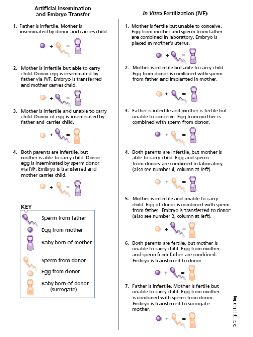 Jan, a 32-year-old woman, and her husband, Darryl, have been married for 7 years. They have attempted to have a baby on several occasions. Five years ago, they had a first-trimester miscarriage, followed by an ectopic pregnancy later the same year. Jan continued to see her OB/GYN physician for infertility problems but was very dissatisfied with the response. After four miscarriages, she went to see a fertility specialist, who diagnosed her with severe endometriosis and polycystic ovarian disease (detected by hormone studies). The infertility physician explained that these two conditions were hampering her ability to become pregnant and thus making her infertile. She referred Jan to a genetic counselor. At the appointment, the counselor explained to Jan that one form of endometriosis (MIM 131200) can be a genetic disorder, and that polycystic ovarian disease can also be a genetic disorder (MIM 184700) and is one of the most common reproductive disorders among women. The counselor recommended that a detailed family history of both Jan and Darryl would help establish whether Jan's problems have a genetic component and whether any of her potential daughters would be at risk for one or both of these disorders. In the meantime, Jan is taking hormones, and she and Darryl are considering alternative modes of reproduction. Using the information in Figure 1, explain the reproductive options that are open to Jan and Darryl. Would ISCI be an option? Why or why not? FIGURE 1 The many ways gametes can be combined in assisted reproduction.