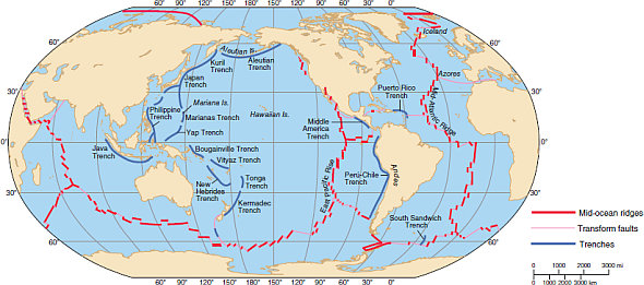 Plate tectonics works today in the same way as in the past. Can you project the future positions of the continents by looking at a map of their present positions and the positions of the mid-ocean ridges (see Fig. 2.5)? Which oceans are growing and which are shrinking? Where will new oceans form? FIGURE 2.5 The major features of the sea floor. Compare this map with Figure 2.6.   