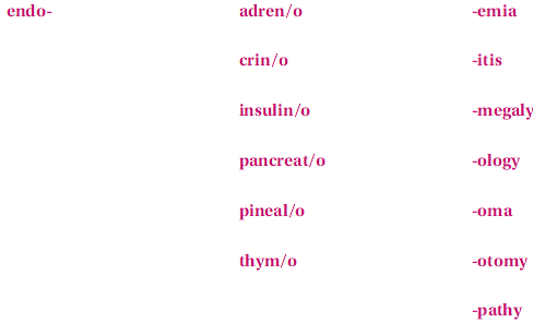 These terms are not found in this chapter; however, they are made up of the following familiar word parts. If you need help in creating the term, refer to your medical dictionary.     The study of endocrine glands and their secretions is known as__________________