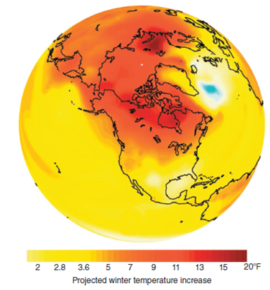 Where in figure 1.5 does the most dramatic warming occur? FIGURE 1.5: Climate change is projected to raise temperatures, especially in northern winter months. DATA SOURCE: NOAA, 2010.   