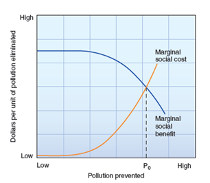 In your own words, describe what is shown in figure 15.22. Figure 15.22 To achieve maximum economic efficiency, regulations should require pollution prevention up to the optimum point (P 0 ) at which the costs of eliminating pollution just equal the social benefits of doing so.