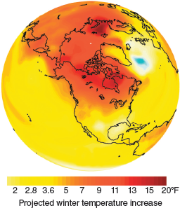 Where in figure does the most dramatic warming occur? FIGURE Environmental and political challenges. (a) climate change is projected to raise temperatures, especially in northern winter months. (b) Some 800 million people lack adequate nutrition. (c) Poor water quality is responsible for more than 15 million deaths each year. (d) Biodiversity including marine species, continues to decline. DATA: NOAA 2010, WWF 2008.     (a) Climate change