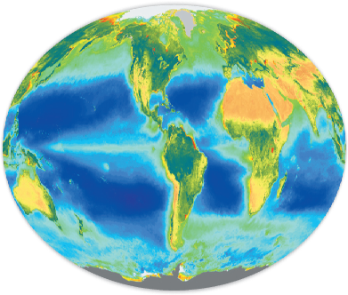 Figure shows chlorophyll (plant growth) in oceans and on land. Explain why green, photosynthesizing organisms occur in bands at the equator and along the edges of continents. Explain the very dark green areas and yellow/orange areas on the continents.     FIGURE Satellite measurements of chlorophyll levels in the oceans and on land. Dark green to blue land areas have high biological productivity. Dark blue oceans have little chlorophyll and are biologically impoverished. Light green to yellow ocean zones are biologically rich. SOURCE: SeaWiFS/NASA.