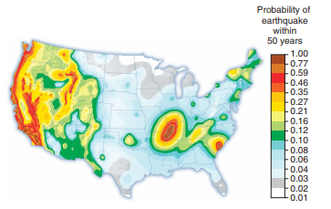Exploring Recent Earthquakes  The USGS Earthquake Center is a site that gives you access to global earthquake monitoring data. Understanding the distribution of earthquakes will help you understand the patterns of earth movement, volcanoes, and mountain building processes. Earthquakes are also one of our most important geologic hazards worldwide. Go to Connect to find data and questions that let you examine real-time earthquake records and to demonstrate your understanding of this geologic phenomenon.     Figure 1 Probability of earthquakes in the coming half-century.