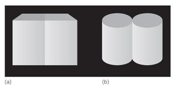 Figure shows two displays. The display in (b) was created by changing the top and bottom of the display in (a), while keeping the intensity distributions across the centers of the displays constant. (You can convince yourself that this is true by masking off the top and bottom of the displays.) But even though the intensities are the same, the display in (a) looks like a dark surface on the left and a light surface on the right, whereas the display in (b) looks like two curved cylinders with a slight shadow on the left one. How would you explain this, based on what we know about the causes of lightness constancy? Figure 1 The light distribution is identical for (a) and (b), though it appears to be different.     Figure 2 A black-and-white checkerboard illuminated by (a) tungsten light and (b) sunlight.   